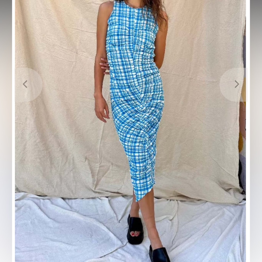WRAY NYC Josephine Ocean Blue Gingham Ruched Sleeveless Midi Dress XL